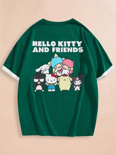 HELLO KITTY AND FRIENDS | SHEIN Unisex 1 Stück lässiges Oversized Ringerrückentrikot mit Cartoon- & Buchstaben-Muster, Sommer