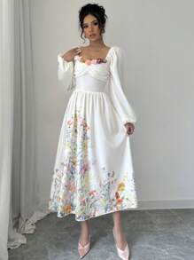Chiquease 浪漫花卉贴花腰部修身喇叭裙女式长款女装 - 白色 - 查看 5