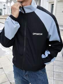 Manfinity Homme Men's Black & Blue Letter Patchwork Zip-Up Jacket - Multicolor - View 1