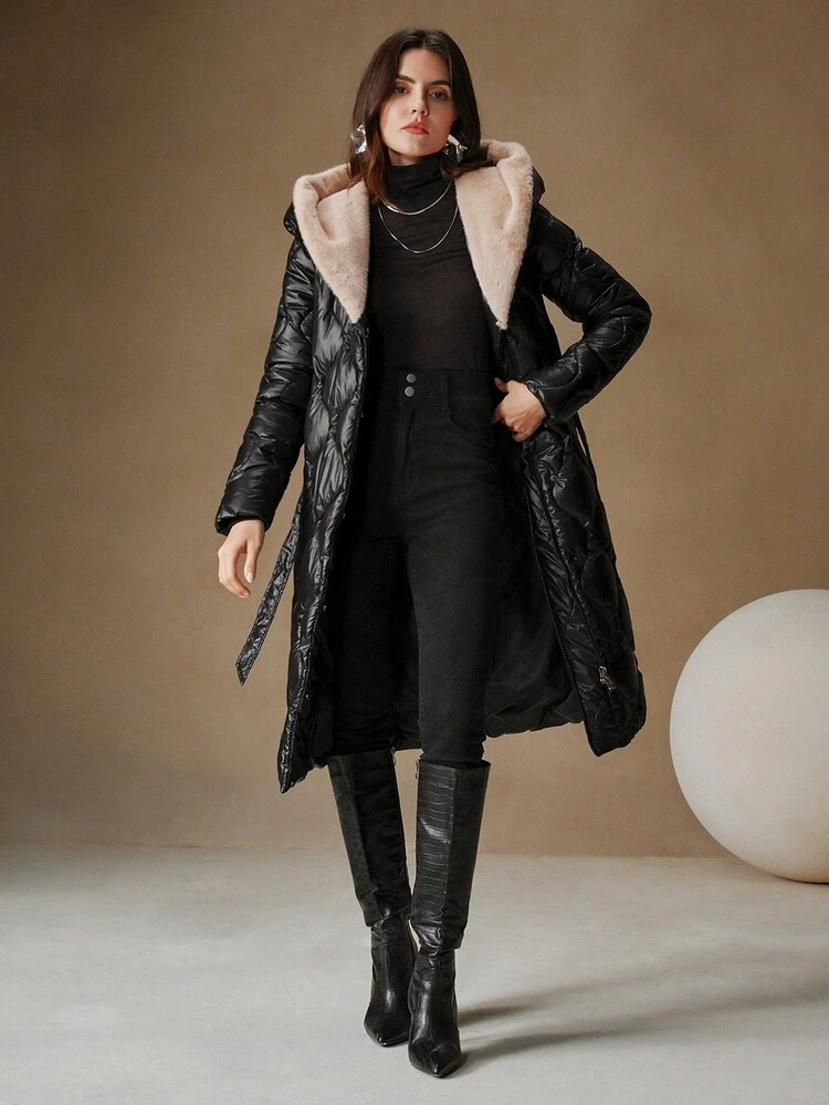 Loose Gourd-Shaped Fuzzy Splicing Long Padded Coat For Women