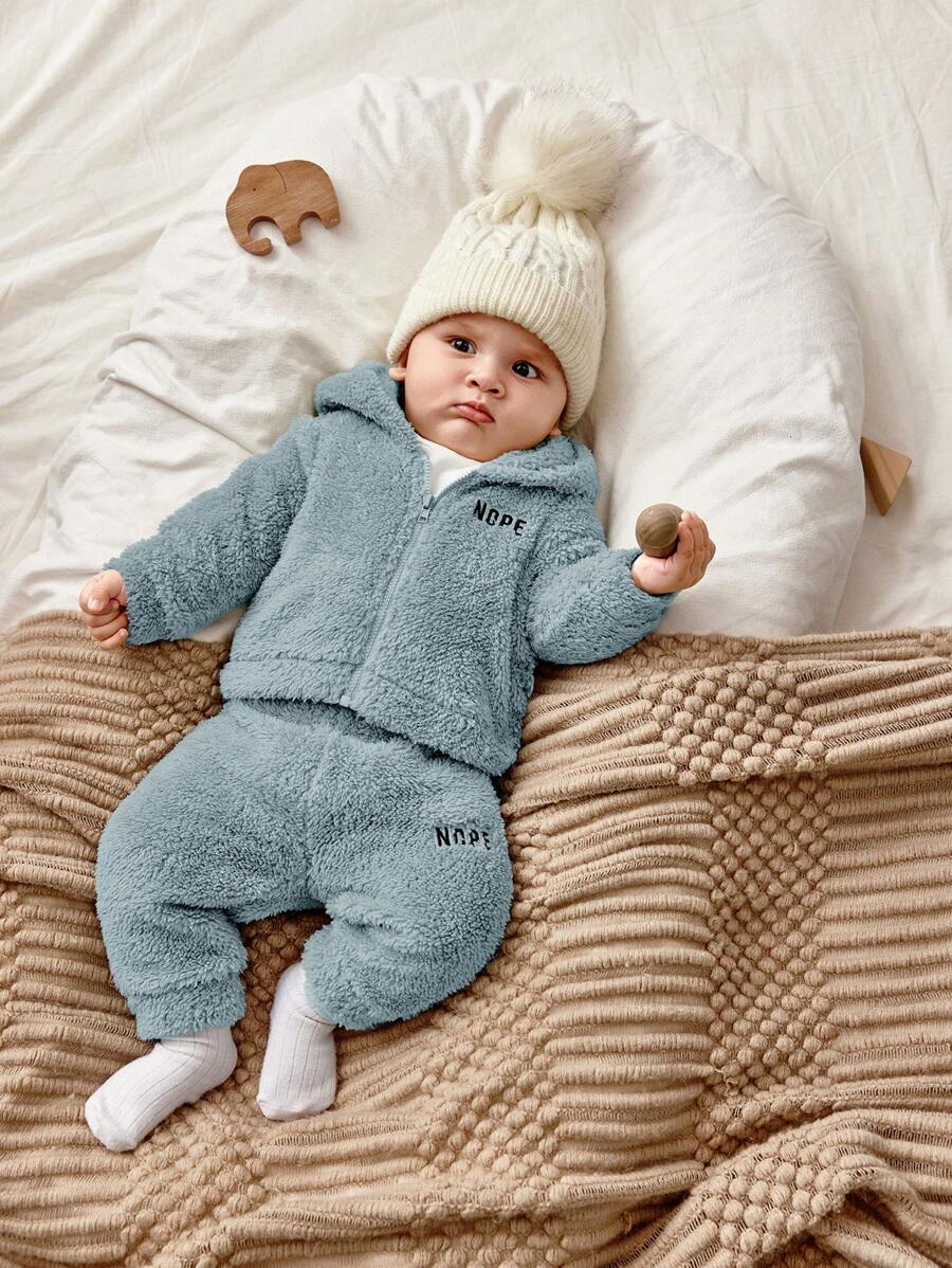 SHEIN 新生男婴/女婴可爱刺绣字母图案连帽夹克和裤子套装，秋冬