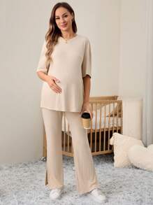 SHEIN Bộ 2 món đồ bầu thanh lịch cổ tròn rộng rãi có thể điều chỉnh cạp chun - Màu be - Xem 6