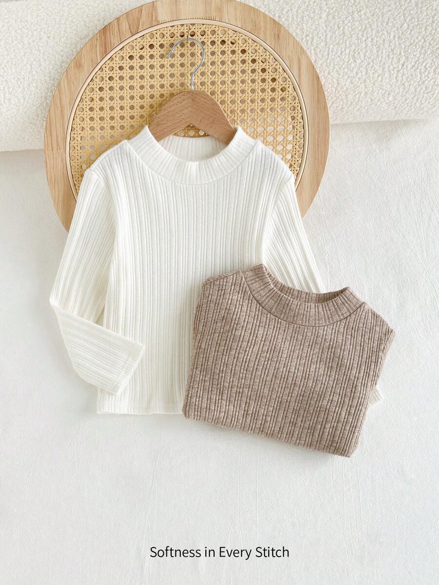 Cozy Pixies 2pcs/Set Young Girl Solid Knitted Ribbed Stand Collar Long Sleeve Pullover Top - Multicolor - View 1