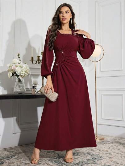 Modelyn Burgundy Red Women's Patchwork Sequin Square Neck Lantern Sleeve Elegant Arabia Modest Long Sleeve Dress Long Evening Dresses