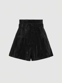 SHEIN MOD Women's Black Velvet High-Waist Embossed Shorts - Black - View 2