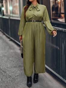 SHEIN Clasi Salopetă elegantă pentru femei de mărime mare, cu decolteu în V, cu mânecă lanternă, cu picior lat, primăvară și vară - Verde Armată - Vizualizare 6