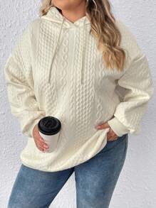 SHEIN CURVE+ Curve Plus Cable Knit Drop Shoulder Drawstring Hoodie - Apricot - View 8