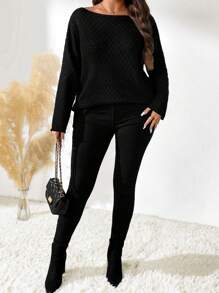 SHEIN LUNE Áo len dài tay màu trơn cỡ lớn dành cho nữ, áo len dệt kim mùa thu/đông. - màu đen - Xem 1