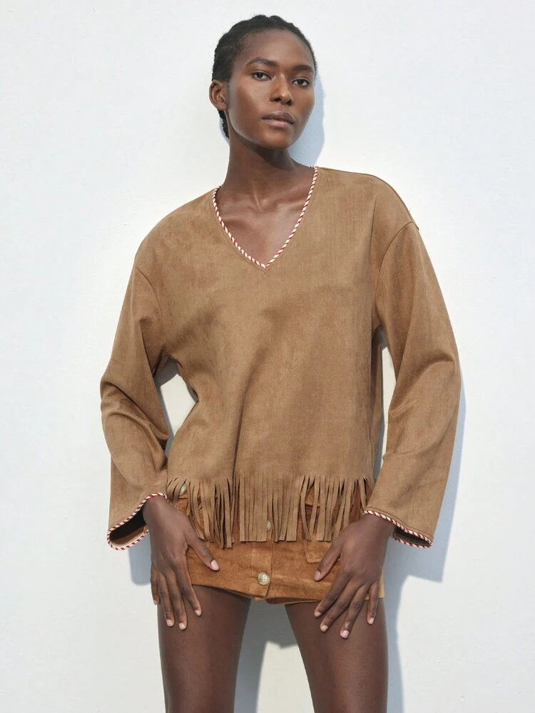 SHEIN Maija Bluzka damska z kontrastowym wykończeniem w kolorze i frędzlami, wiosenno-jesienne bluzki wyjściowe, jesienne ubrania damskie