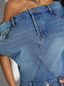 Denimoi Off Shoulder Split Front Denim Dress - Medium Wash - View 3