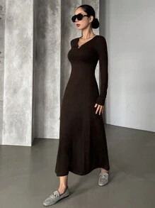 DAZY Women's Casual Solid Color Dress, Suitable For Commuting,Fall Women Clothes Long Sleeve Dress - Brown - View 2