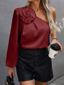 SHEIN Clasi 女士不对称领口露肩优雅3D花卉装饰衬衫单肩上衣秋季女装 - 酒紅色 - 查看 1