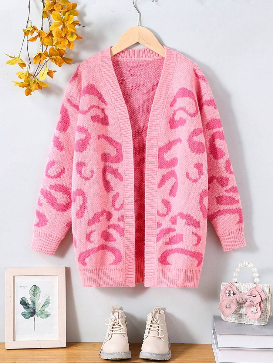 Tween Girls Fashionable Fuchsia Leopard Print Long Cardigan, Autumn/Winter