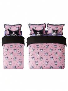 HELLO KITTY AND FRIENDS | SHEIN Cartoon Kuromi Print Contrast Ruffle Trim Bedding Set - Baby Pink - View 4