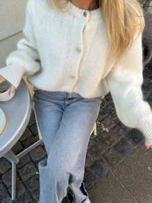 Siren Gaze 女士纯色长袖蓬松开襟毛衣 - 白色 - 查看 4