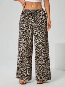 SHEIN PETITE High-Waisted Leopard Print & Black Solid Color Wide-Leg Trousers Two-Piece - Multicolor - View 6