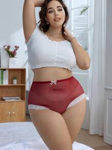 Plus Size Lace Patchwork Bow Decor Casual Panty, 1pc - Burgundy - View 1