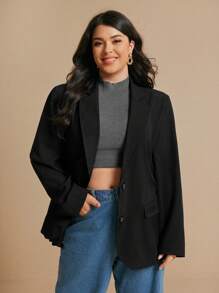 Elaquor 秋冬大码女式纯色缺口领长袖休闲西装外套