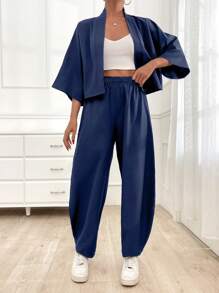 EURMUSE 2pcs/Set Casual Solid Color Daily Co-Ord Set - Jacket And Pants Day Time Navy Blue Autumn - Navy Blue - View 8
