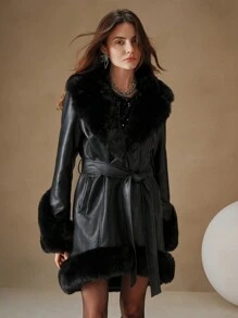 Anewsta Thickened Shearling Fur-Trimmed Fluffy Fluffy Cinched Waist Regular Women Jacket - Black - View 8