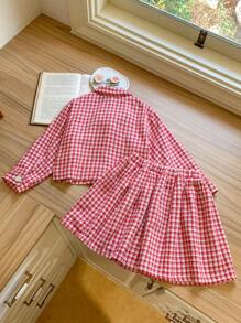 Blossori 2pcs/Set Young Girls French Elegant Red & White Plaid Woven Jacket And Skirt Suit Set, Autumn Winter - Pink - View 2