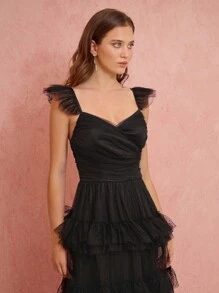 Enchnt Romantic Fall  Elegant Black Ruffle Hem Long Mesh Dress, Date Night Princess Dress For Party,Cocktail And Prom - Black - View 4