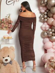 Loomaby 孕妇长袖荷叶边露肩纯色连衣裙，春夏季，适合婴儿洗礼 - 咖啡棕 - 查看 2
