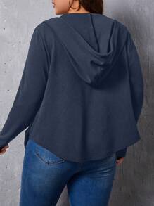 SHEIN Essnce Áo khoác thường ngày có mũ trùm đầu, tay dài màu xanh navy, cỡ lớn, có khóa kéo, màu trơn, mùa xuân thu - Màu xanh lam - Xem 2