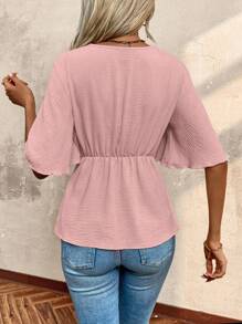 SHEIN Clasi Áo cánh tay ngắn cổ chữ V tối giản trơn màu dành cho nữ - Hồng - Xem 2