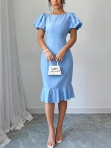 Selianne Women's Elegant Solid Color Ruffle Hem Petal Sleeve Dress, Summer - Blue - View 4