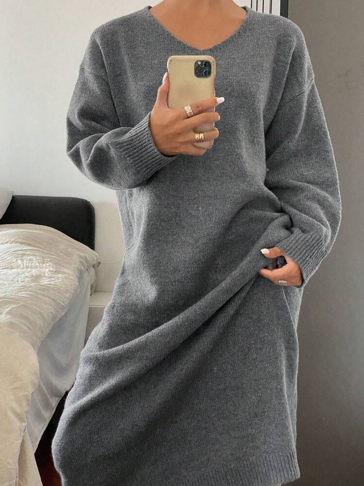 DAZY Women's Casual Solid Color Sweater Dress, Fall/Winter - Grey - View 5