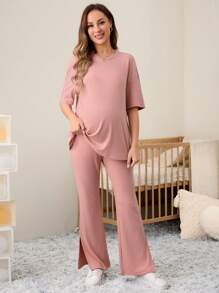 SHEIN 2pcs Maternity Elegant Commuting Elastic Waist Crew Neck Loose Fit Set - Pink - View 6