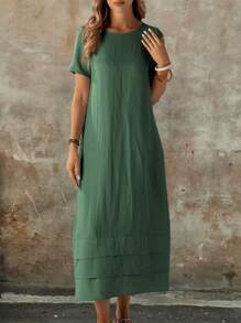 EMERY ROSE Women's Solid Color Round Neck Short Sleeve Casual Long Dress