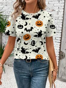 SHEIN LUNE 女式鬼魂与南瓜图案短袖修身 T 恤，适合夏季、万圣节 - 白色 - 查看 3