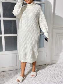 SHEIN Essnce White Plus Size Ladies Smart Casual Everyday Fall/Winter Loose Knitted Super Thick Dress,Long Women Sweater Dresses Costume Clothes Curve - Beige - View 3