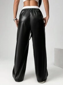 SHEIN EZwear Women's Contrast Color Lace-Up Leather Wide-Leg Casual Leather Pants