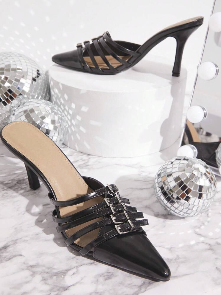 SHUZIA 女士时尚日常迷人多扣装饰黑色网眼尖头高跟鞋 - 黑色 - 查看 2