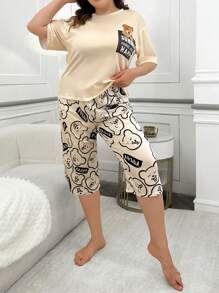 Cute Plus Size Women Pajama Set With Cartoon Bear Print And Pocket, Soft Knit Fabric Round Neck PJ Set - Multicolor - View 5
