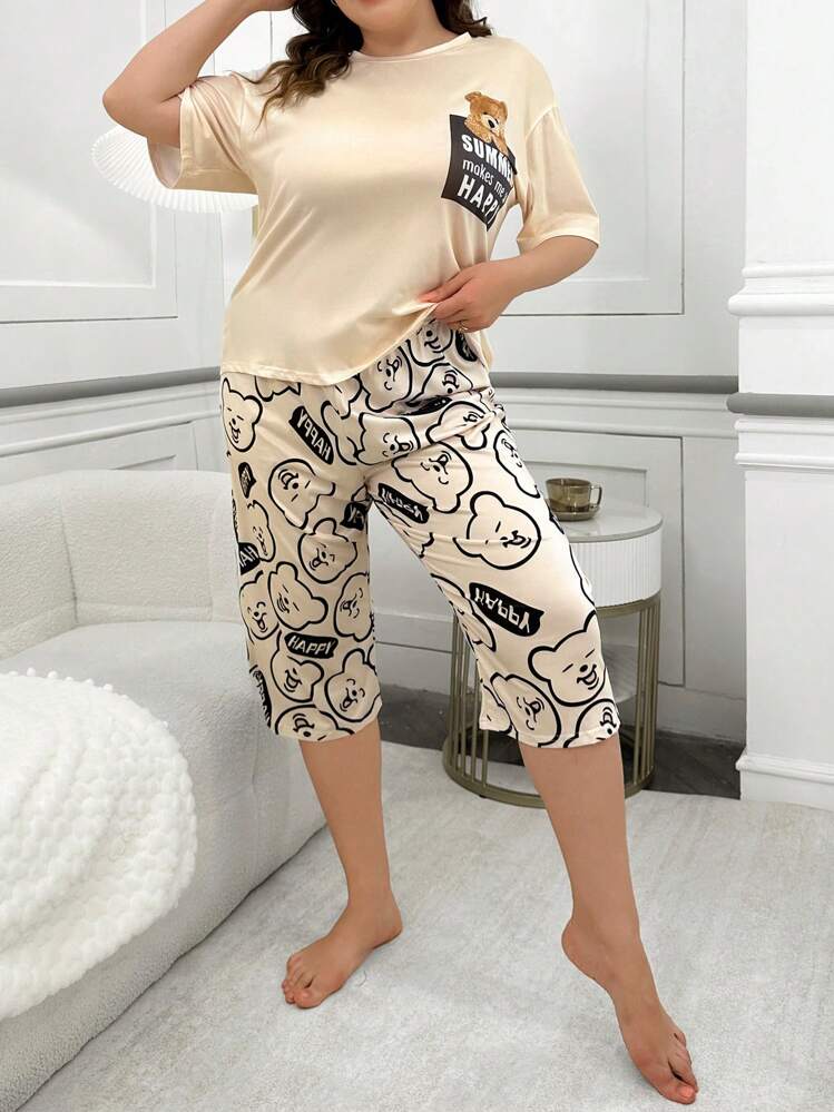 Cute Plus Size Women Pajama Set With Cartoon Bear Print And Pocket, Soft Knit Fabric Round Neck PJ Set - Multicolor - View 5