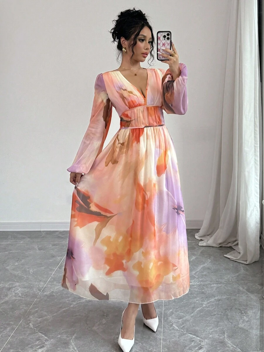 Chiquease Vestido de mujer con cuello en V profundo, cintura fruncida, manga farol y estampado floral - Multicolor - Ver 1