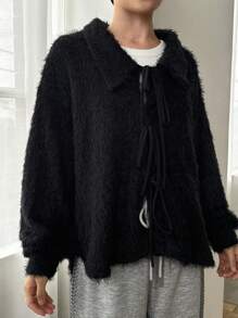 FRIFUL Áo cánh tay dài cổ đứng buộc phía trước rộng rãi cho nữ mùa thu/đông - màu đen - Xem 6