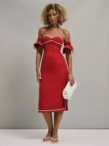 SHEIN Unity Women's Off-Shoulder Ruffle Trim Colorblock Midi Dress