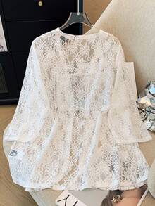 SHEIN LUNE 大码纯色长袖简约透明外套，休闲与度假 - 白色 - 查看 2