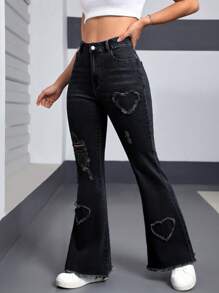 SHEIN EZwear Women's Front Button Pockets Distressed Hem Jeans, Casual Everyday Wear Y2K Love Ripped Fashionable Casual Denim Stretch Bell Pants - Black - View 5