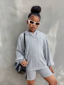 Tween Girl  Girls' Knitted Fleece Striped Hooded Sweatshirt And Shorts Two-Piece Set, Suitable For Autumn, Winter And Early Spring - Light Grey - View 11