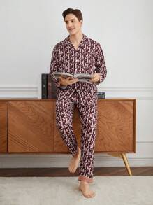 Men's Letter Print Long Sleeve Shirt And Pants Home Wear Set - Multicolor - View 1