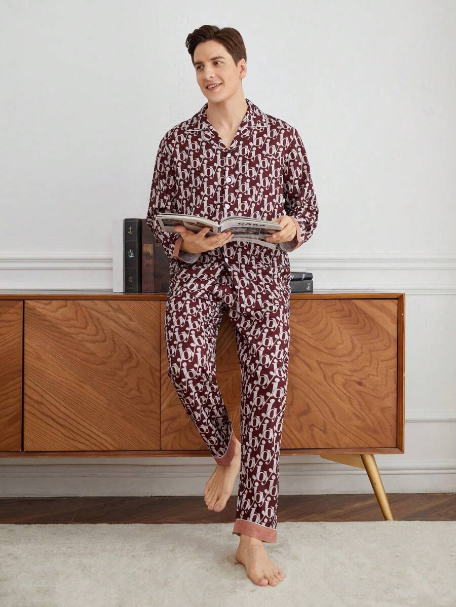 Men's Letter Print Long Sleeve Shirt And Pants Home Wear Set - Multicolor - View 1