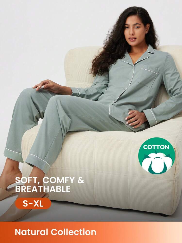 Herbst- und Winterweiche 100% reine Baumwolle Basis Langarm Knopf-up Frauen Pyjama Set für Frauen Loungewear Sets für Frauen Hosen mit Taschen Herbst Pyjamas Kleidung