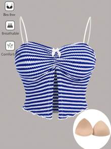 SHEIN Essnce Regata Feminina Casual dos Anos 90 com Enchimento no Busto, Respirável - Azul e Branco - Visão 4