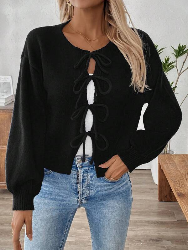 EMERY ROSE Plus Size Women Solid Color Drop Shoulder Front Tie Loose Casual Cardigan, Autumn/Winter